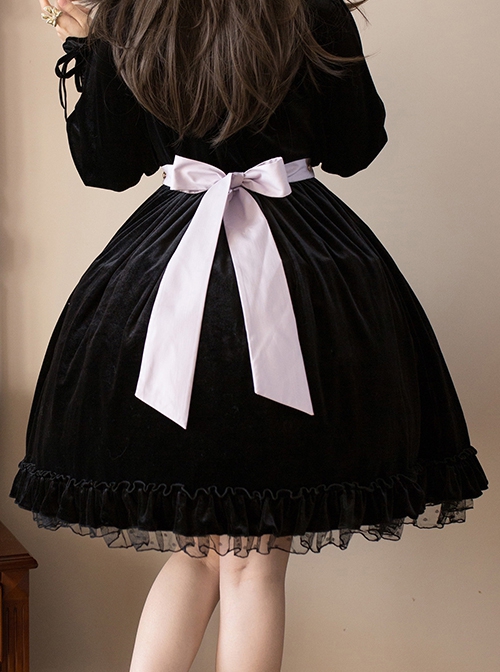 Autumn Winter Black Gauze Polka Dot Ruffle Hem Polka Dot Bow Decorated Velvet Classic Lolita Skirt