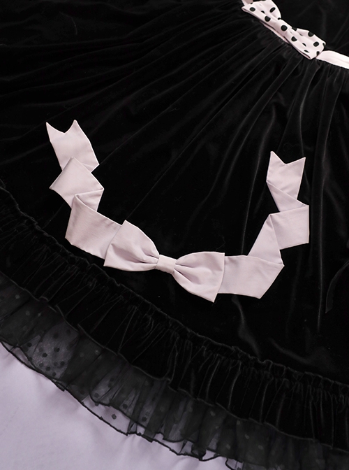 Autumn Winter Black Gauze Polka Dot Ruffle Hem Polka Dot Bow Decorated Velvet Classic Lolita Skirt