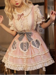 Daily Cute Black White Plaid Love Decoration Lotus Leaf Pink Sweet Lolita Suspender Skirt