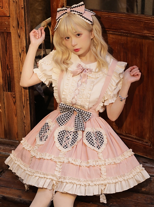Daily Cute Black White Plaid Love Decoration Lotus Leaf Pink Sweet Lolita Suspender Skirt
