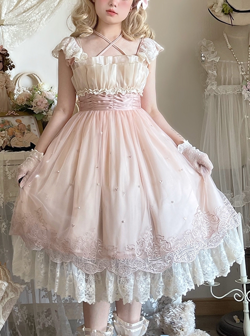 Elegant Sweet Daily Lace Pleats Embroidered Hem Pearls Love Decoration Sweet Lolita Sleeveless Dress