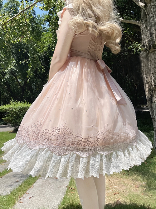 Elegant Sweet Daily Lace Pleats Embroidered Hem Pearls Love Decoration Sweet Lolita Sleeveless Dress