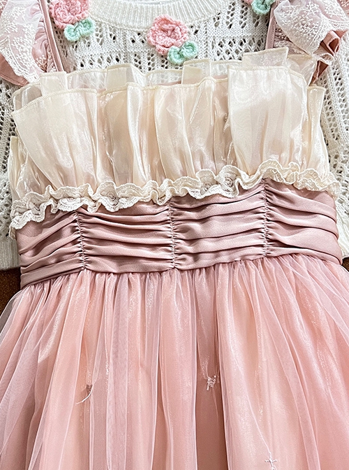 Elegant Sweet Daily Lace Pleats Embroidered Hem Pearls Love Decoration Sweet Lolita Sleeveless Dress