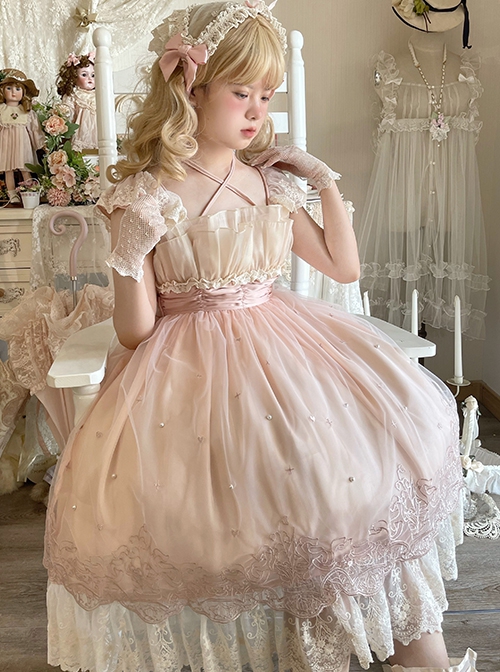 Elegant Sweet Daily Lace Pleats Embroidered Hem Pearls Love Decoration Sweet Lolita Sleeveless Dress