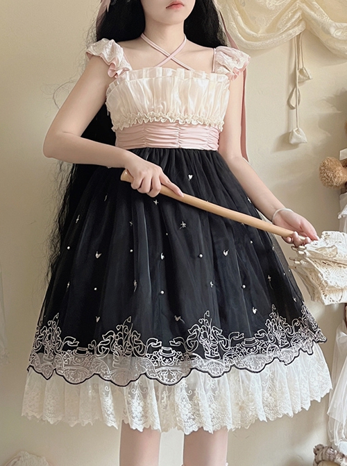 Elegant Sweet Daily Lace Pleats Embroidered Hem Pearls Love Decoration Sweet Lolita Sleeveless Dress