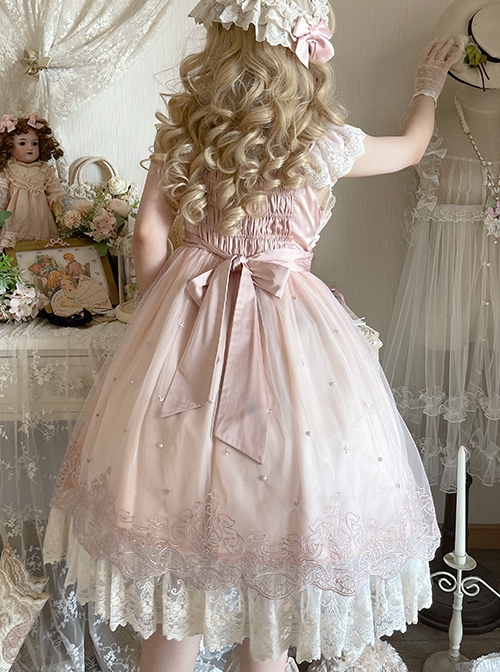 Elegant Sweet Everyday Lace Pleats Embroidered Hem Pearls Love Decoration Sweet Lolita Sleeveless Dress