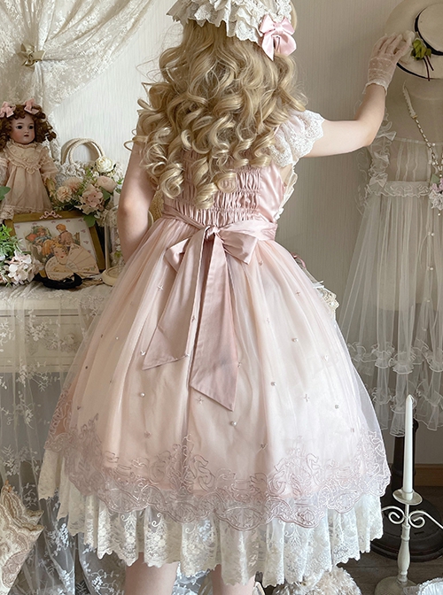 Elegant Sweet Daily Lace Pleats Embroidered Hem Pearls Love Decoration Sweet Lolita Sleeveless Dress