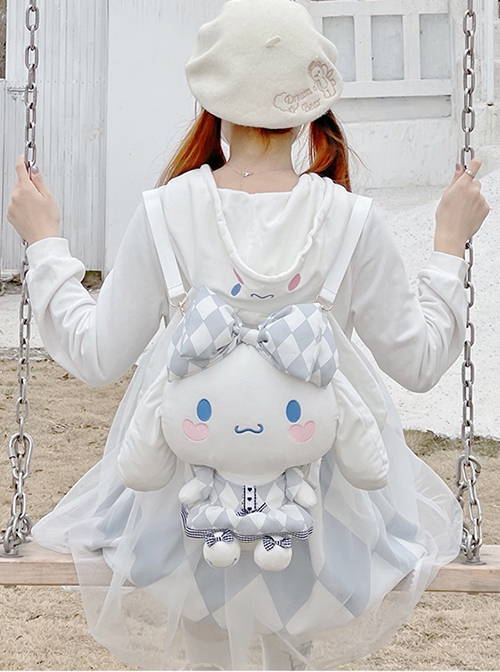 Blue White Plaid Bow Love Blush Cute Big-Eared Dog Doll Sweet Lolita Backpack