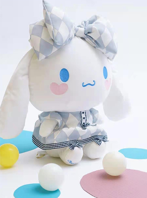 Blue White Plaid Bow Love Blush Cute Big-Eared Dog Doll Sweet Lolita Backpack