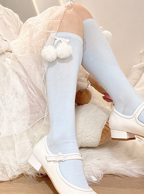 Victoria Series Solid Color Spring Autumn Bow Hair Ball Cotton Socks Mid Tube Socks Sweet Lolita Socks