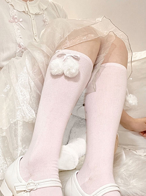 Victoria Series Solid Color Spring Autumn Bow Hair Ball Cotton Socks Mid Tube Socks Sweet Lolita Socks