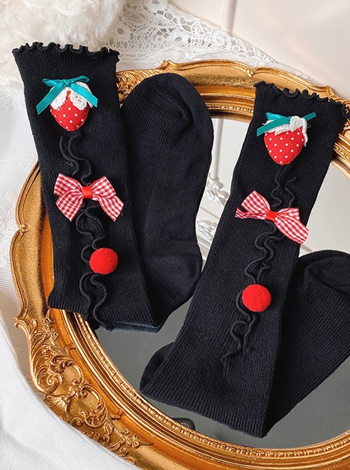 Sweet Strawberry Red-White Plaid Bow-Knot Fur Ball Decorated With Solid Color Christmas Socks Sweet Lolita Socks