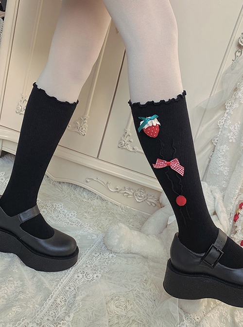 Sweet Strawberry Red-White Plaid Bow-Knot Fur Ball Decorated With Solid Color Christmas Socks Sweet Lolita Socks