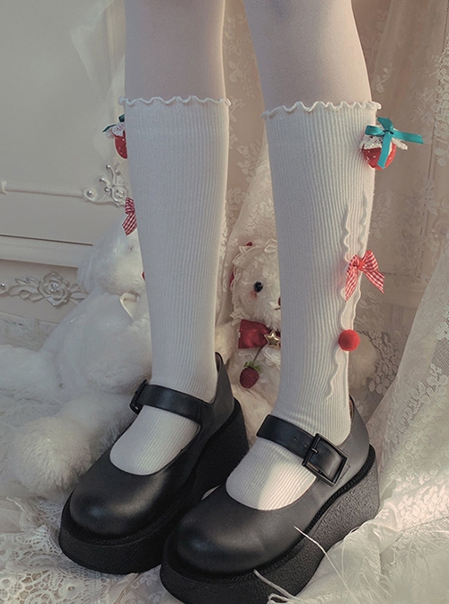 Sweet Strawberry Red-White Plaid Bow-Knot Fur Ball Decorated With Solid Color Christmas Socks Sweet Lolita Socks