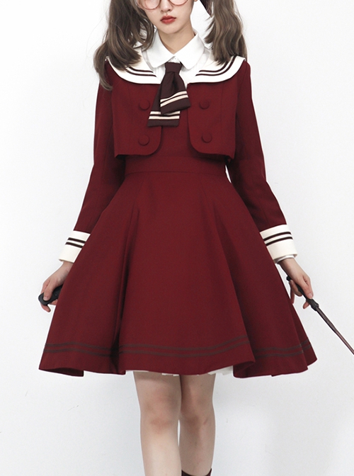 College Style Sweet Navy Collar Double Stripe Short Sleeveless Dress Long Sleeve Coat School Lolita Set