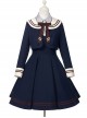 College Style Sweet Navy Collar Double Stripe Short Sleeveless Dress Long Sleeve Coat School Lolita Set