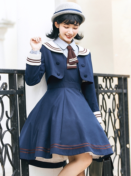 College Style Sweet Navy Collar Double Stripe Short Sleeveless Dress Long Sleeve Coat School Lolita Set