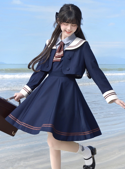 College Style Sweet Navy Collar Double Stripe Short Sleeveless Dress Long Sleeve Coat School Lolita Set