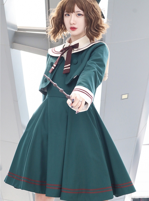 College Style Sweet Navy Collar Double Stripe Short Sleeveless Dress Long Sleeve Coat School Lolita Set