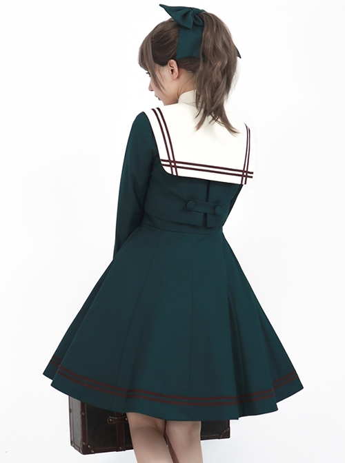 College Style Sweet Navy Collar Double Stripe Short Sleeveless Dress Long Sleeve Coat School Lolita Set