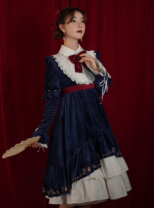 Blue Velvet Stand Collar Lace Red Bow-Knot Decorative Irregular Print Hem Frenulum Long Sleeves Classic Lolita Dress