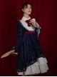 Blue Velvet Stand Collar Lace Red Bow-Knot Decorative Irregular Print Hem Frenulum Long Sleeves Classic Lolita Dress
