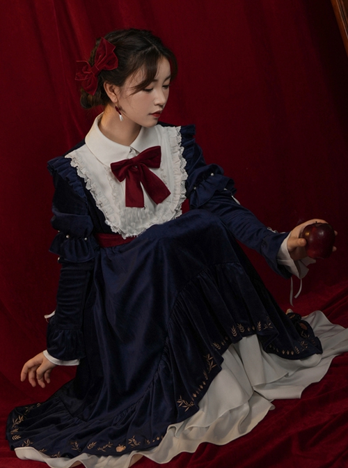 Blue Velvet Stand Collar Lace Red Bow-Knot Decorative Irregular Print Hem Frenulum Long Sleeves Classic Lolita Dress