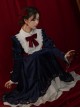 Blue Velvet Stand Collar Lace Red Bow-Knot Decorative Irregular Print Hem Frenulum Long Sleeves Classic Lolita Dress