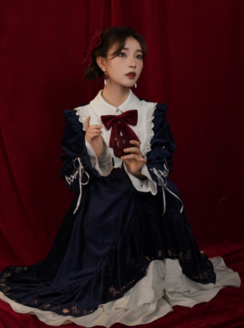 Blue Velvet Stand Collar Lace Red Bow-Knot Decorative Irregular Print Hem Frenulum Long Sleeves Classic Lolita Dress