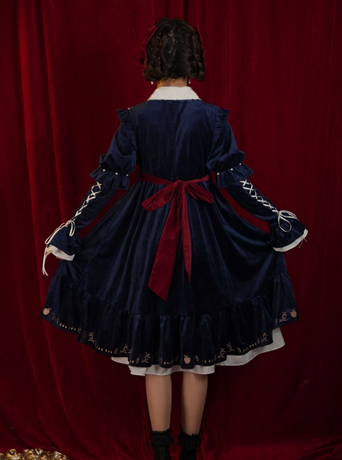 Blue Velvet Stand Collar Lace Red Bow-Knot Decorative Irregular Print Hem Frenulum Long Sleeves Classic Lolita Dress