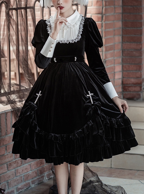 Black Velvet Vintage Elegant Lace Lapel Pearl Crucifix Decorative Gothic Lolita Long Sleeve Dress