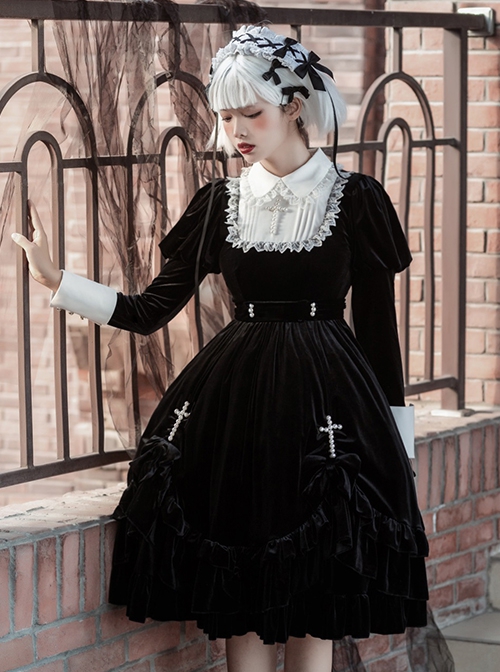 Black Velvet Vintage Elegant Lace Lapel Pearl Crucifix Decorative Gothic Lolita Long Sleeve Dress