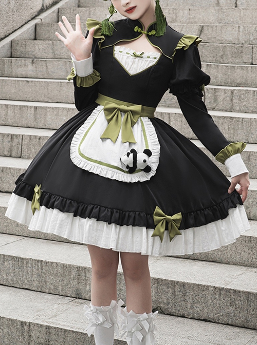 Chinese Style Stand Collar Chest Cutout Design Green Bow Red Panda Decoration Cute Sweet Lolita Long-Sleeved Dress