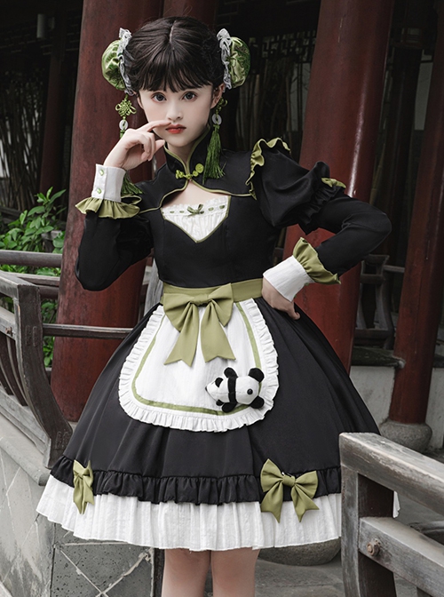 Chinese Style Stand Collar Chest Cutout Design Green Bow Red Panda Decoration Cute Sweet Lolita Long-Sleeved Dress