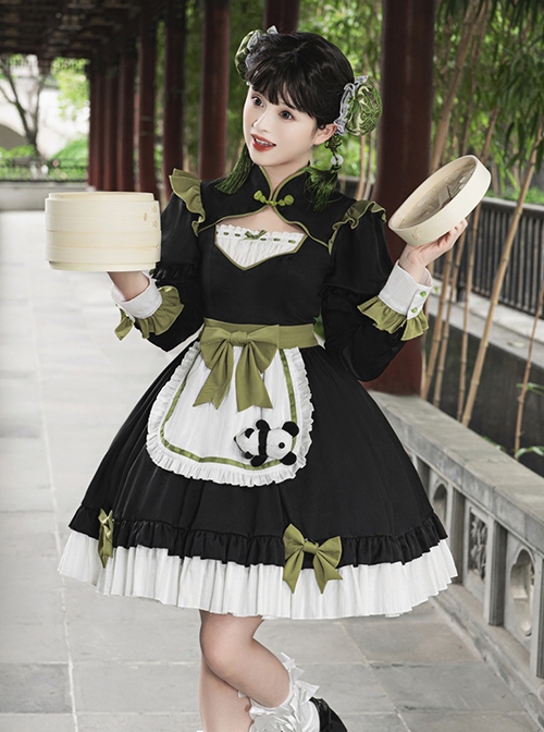 Chinese Style Stand Collar Chest Cutout Design Green Bow Red Panda Decoration Cute Sweet Lolita Long-Sleeved Dress