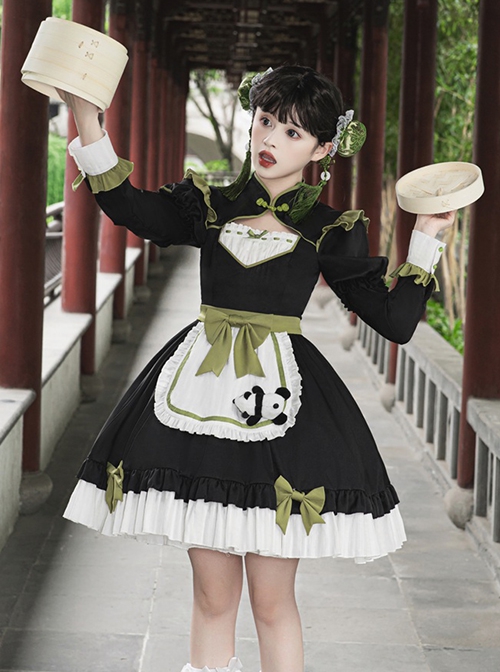 Chinese Style Stand Collar Chest Cutout Design Green Bow Red Panda Decoration Cute Sweet Lolita Long-Sleeved Dress