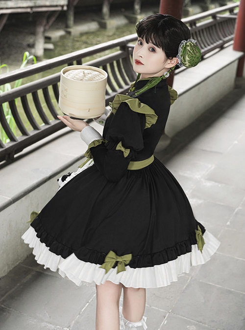 Chinese Style Stand Collar Chest Cutout Design Green Bow Red Panda Decoration Cute Sweet Lolita Long-Sleeved Dress