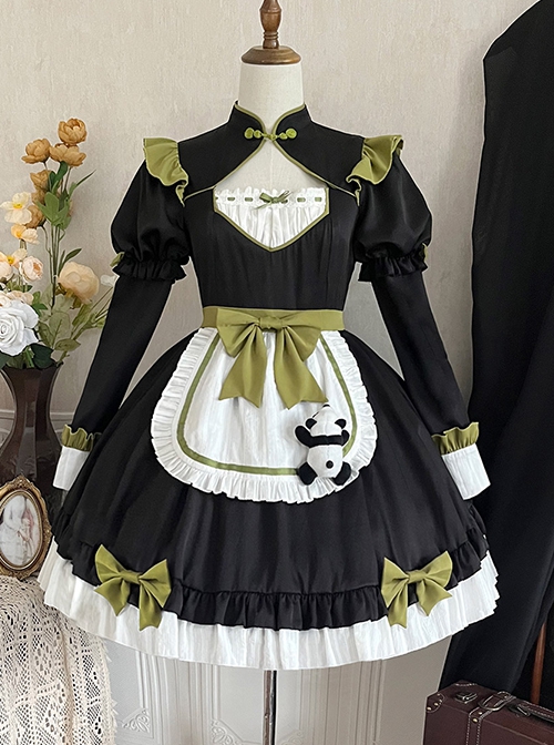 Chinese Style Stand Collar Chest Cutout Design Green Bow Red Panda Decoration Cute Sweet Lolita Long-Sleeved Dress