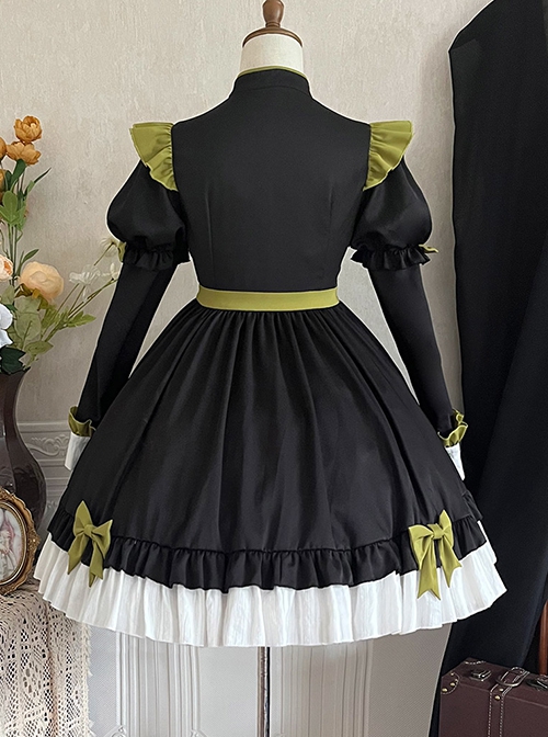 Chinese Style Stand Collar Chest Cutout Design Green Bow Red Panda Decoration Cute Sweet Lolita Long-Sleeved Dress