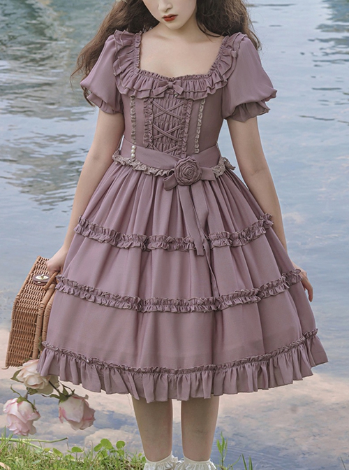 Purple Retro Sweet Puff Sleeve Ruffle Rose Bow Belt Sweet Lolita Short Sleeve Dress