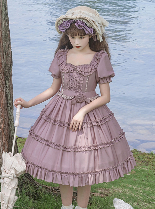 Purple Retro Sweet Puff Sleeve Ruffle Rose Bow Belt Sweet Lolita Short Sleeve Dress