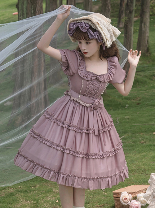 Purple Retro Sweet Puff Sleeve Ruffle Rose Bow Belt Sweet Lolita Short Sleeve Dress