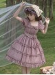 Purple Retro Sweet Puff Sleeve Ruffle Rose Bow Belt Sweet Lolita Short Sleeve Dress