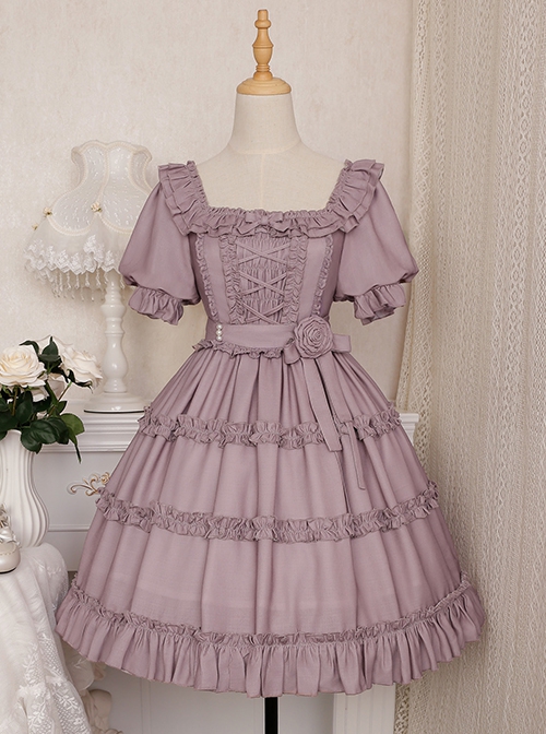 Purple Retro Sweet Puff Sleeve Ruffle Rose Bow Belt Sweet Lolita Short Sleeve Dress