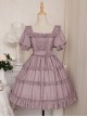 Purple Retro Sweet Puff Sleeve Ruffle Rose Bow Belt Sweet Lolita Short Sleeve Dress