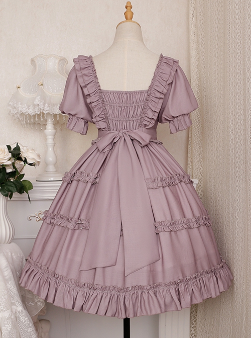 Purple Retro Sweet Puff Sleeve Ruffle Rose Bow Belt Sweet Lolita Short Sleeve Dress