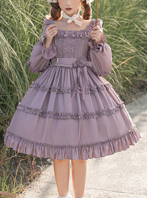 Solid Color Gentle Elegant Square Neck Ruffled Stitching Lantern Sleeves Rose Decoration Sweet Lolita Long-Sleeved Dress