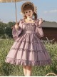 Solid Color Gentle Elegant Square Neck Ruffled Stitching Lantern Sleeves Rose Decoration Sweet Lolita Long-Sleeved Dress