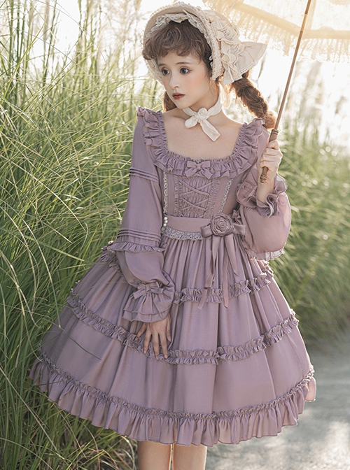 Solid Color Gentle Elegant Square Neck Ruffled Stitching Lantern Sleeves Rose Decoration Sweet Lolita Long-Sleeved Dress