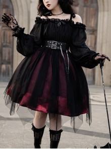 Solid Color Two-Wear Off-The-Shoulder Lantern Sleeve Metal Chain Waistband Irregular Hem Gothic Lolita Long-Sleeved Dress